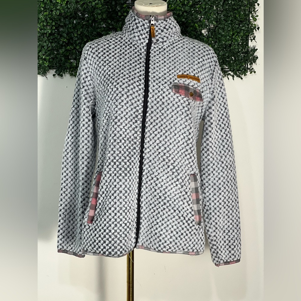 Simply Southern Soft Fleece Zip Up Plaid Patch Pocket Jacket Sweater Size Small